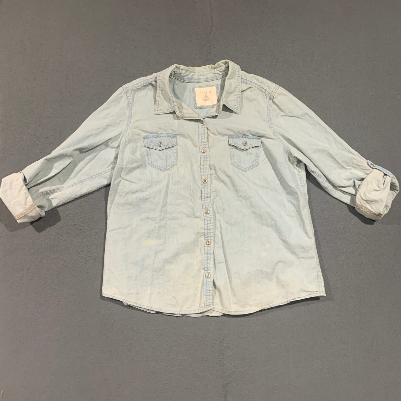 Sonoma Life + Style Womens Xl Light Wash Denim Button Down Shirt Cotton Roll Tab